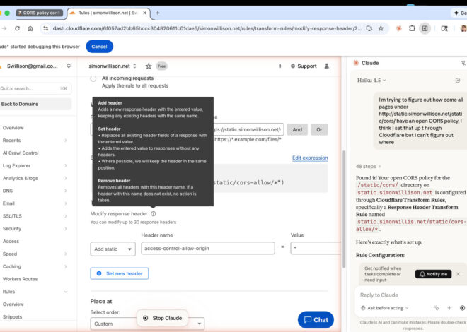 Using Claude in Chrome to navigate out the Cloudflare dashboard