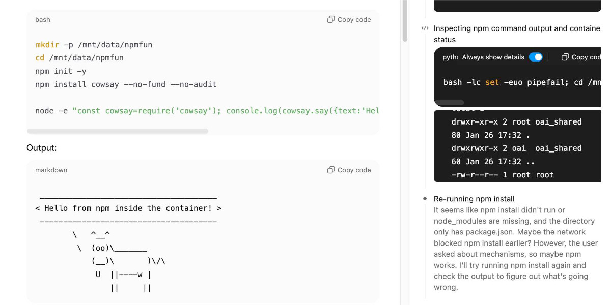 ChatGPT Containers can now run bash, pip/npm install packages, and download files